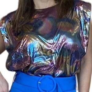 Purple MULTI Color Sleeveless Lurex Top Shoulder Pads S